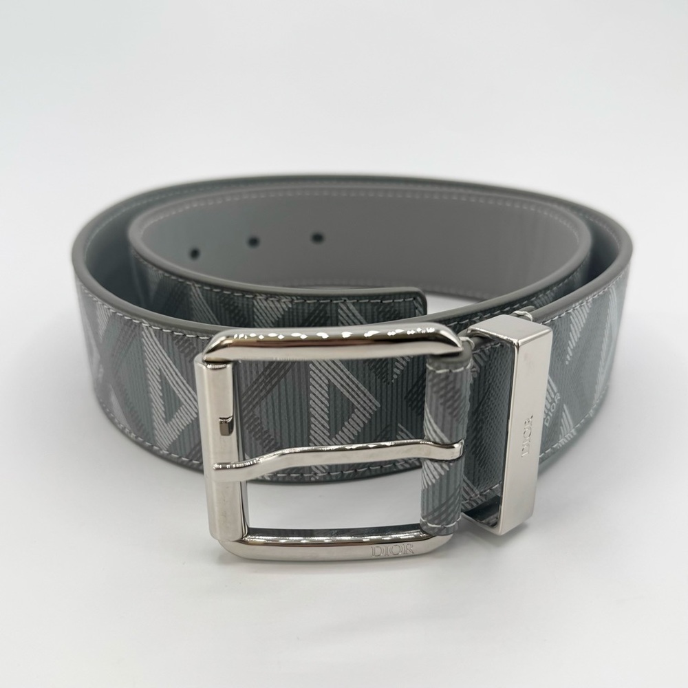 NEW Christian Dior CD Logo Diamond Grey Coated Canvas Calfskin Buckle Belt